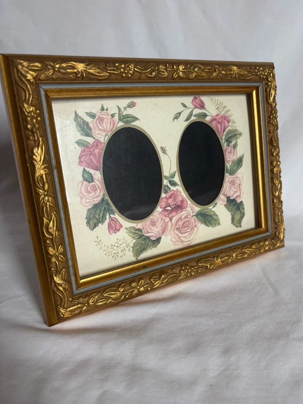 Vintage Burnes Gold Floral Double Oval Picture Frame Rose Mat
